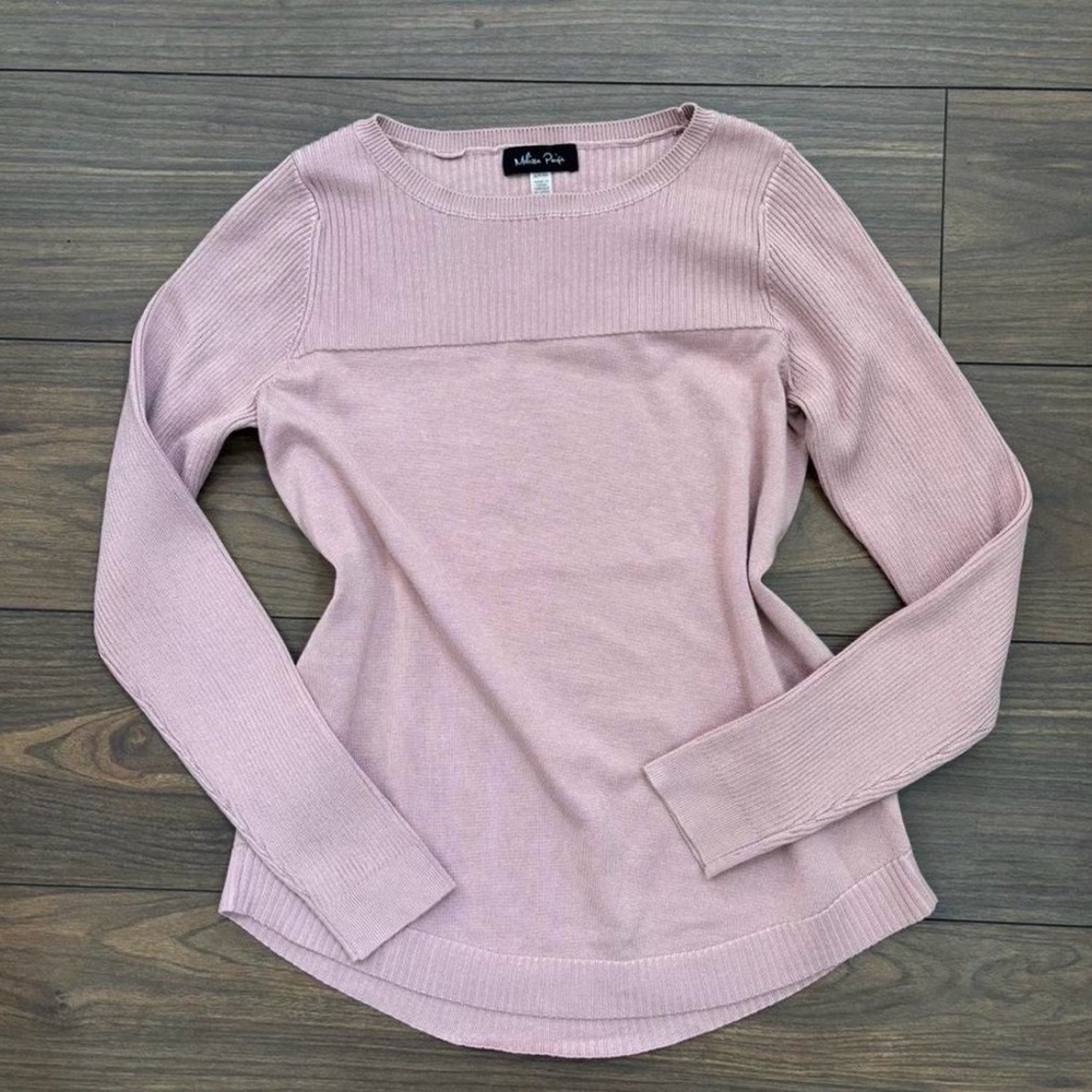Melissa Paige Pale Blush Ribbed Yoke Crewneck Sweater